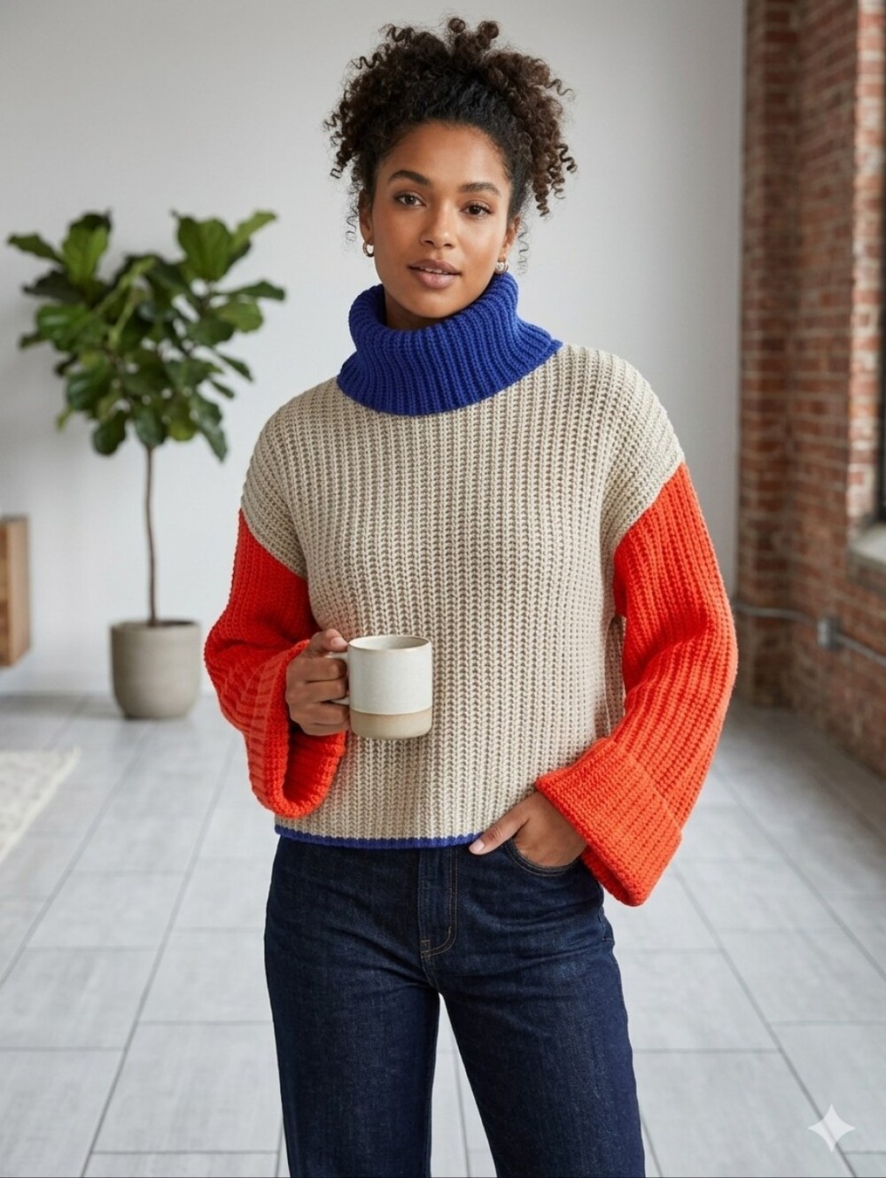 NWOT SHOP17 Colorblock Chunky Knit Turtleneck Sweater - Blue/Orange/Gray